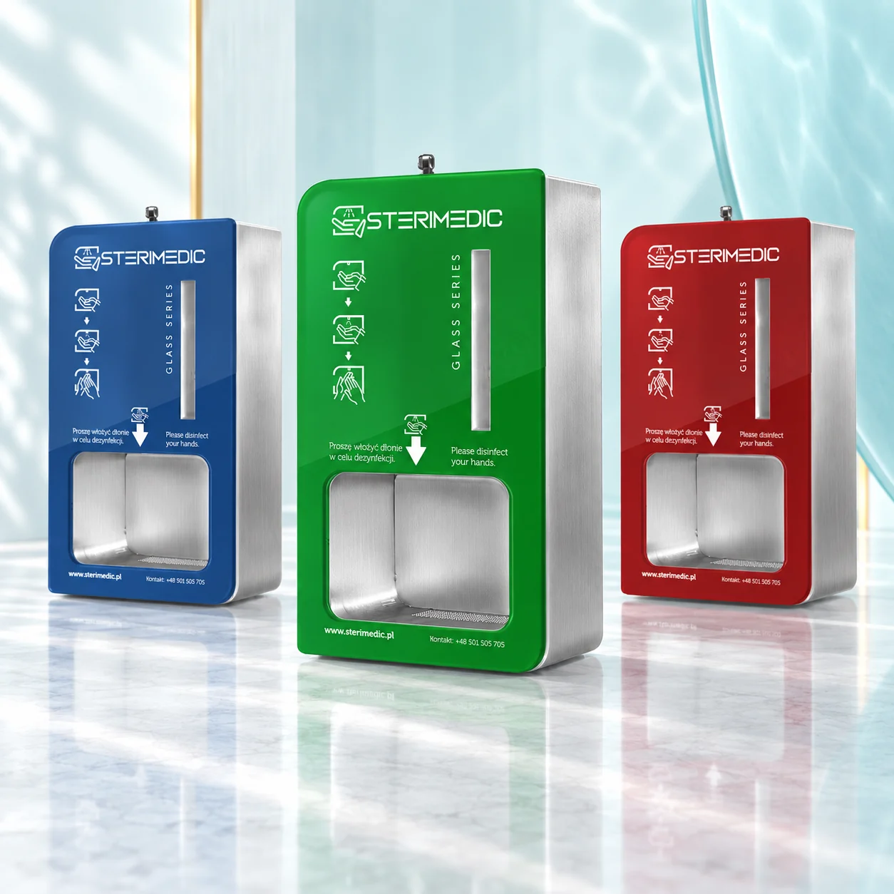 Kolorowe urządzenia Sterimedic Glass Series w jasnej aranżacji